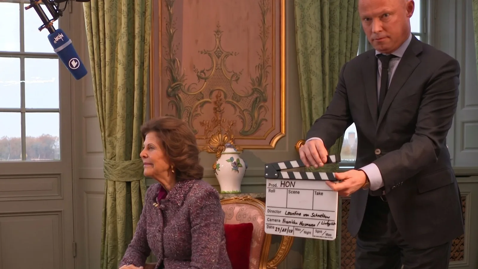 Location sound recordist on set for NDR — Interview — H.M. Queen Silvia of Sweden (Stockholm, SE, 2023)